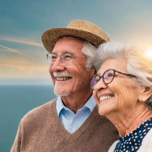 um casal de idosos felizes olhando pro horizonte